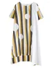 プラスサイズのドレス不規則な縞模様のパッチワーク女性のためのヴィンテージ半袖ルーズカジュアルサマードレスファッションエレガントな服