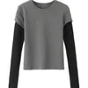 Women s T Shirt PUWD Women Grey O Neck Waffle Knit False Two Piece Tees Autumn Fashion Girls Casual Long Sleeves Top l230407