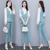 Kvinnors tvåbitar byxor 2 Set Womens Outfits 2023 Spring Office Lady Fashion Elegant Patchwork Bow V-Neck Slim Pants Kvinnliga kostym