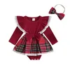 Rompers Baby Girls Dress Christmas Clothes Plaid Patchwork Lace Trim Long Sleeve Skirt Hem Jumpsuits Toddler Bodysuits