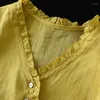 Blouses pour femmes Johnature femmes Ramie chemises col en v à manches courtes auriculaire dentelle Blouse 2023 été bouton ample décontracté couleur unie chemise