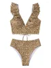 Kvinnors badkläder baddräkt 2023 Summer Leopard Ruffle Trim Bikini High Maist Set Bading Two Piece Brasilian Female Mujer