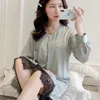 Mulheres sleepwear 2023 coreano sexy mulheres nightwear manga longa renda princesa outono seda chemise mancha camisola rosa plus size nighties