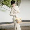 エスニック服2023中国の伝統ドレスQipao Lady Vintage Cheongsam Oriental Eventido Long Sleeve White