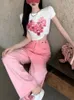 Dames jeans dames zomer roze wassen rechte taille straatkleding y2k volledige bijpassende Koreaanse mode geleidelijk casual en unieke 230408