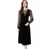 Women's Runway Dresses V Neck 3/4 Long Sleeves Lace Velvet Patchwork Beaded Fashion Designer Mid Vestidos