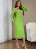 Lässige Kleider Sexy Frauen Grün Langarm Bandage Eleganter quadratischer Kragen Einreiher Ausschnitt Bodycon Clubwear Abend Partykleid