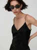 Robes décontractées 2023 été élégant noir longue robe femmes Vintage Satin Spaghetti sangle Sexy fente col en v fête droite