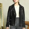 Damen Lederjacke Frauen Herbst Ziegenleder Revers Reißverschluss Rote Nähte Manschetten Gürtel Schlank Mode Blouson Cuir Femme Motorrad Kurzmantel