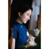 Etnik Giyim 2023 Vintage Mavi Stand Yakası Kısa Kollu Cheongsam Qipao Çin Geleneksel Elbise Kadınlar İçin Zarif Festival Partisi