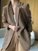 Mélanges de laine pour femmes Automne femmes Vintage pied-de-poule laine Blazer vestes mode élégant décontracté manteau d'extérieur avec ceinture femme Cardigan vêtements 231108
