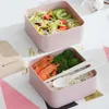 Servis uppsättningar dubbellager lunchlåda japansk stil trä lagring kök sallad måltid förberedande container bento för barn pince