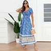 Sukienki imprezowe Boho Rayon Floral Print Długie sukienka dla kobiet Summer Srabe Casual V-deck Maxi Vintage Bohemian Beach Vestidos