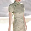 Etniska kläder Summer Women Green Cheongsam Elegant Split Qipao Floral Vintage Chinese Dress Retro Traditional Oriental