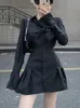 Casual Dresses HOUZHOU Black Shirt Dress Women's Elegant Vintage Long Sleeve Dress Sexy Gothic Pleated Street Clothing Lapel Casual Robe 230408