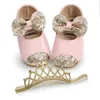 İlk Walkers Baywell Bebek Kız Ayakkabı ve Saç Bandı Bebek Toddler Moda Pu Sequins Bowknot Slip Prenses İlk Walker Vaftiz Ayakkabı GC2022