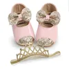 First Walkers Baywell Baby Girl Shoes and Hair Band Infant Toddler Fashion Pu Sequins Bowknot Non-Slip Princess First Walker Baptism Shoes GC2022