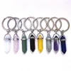 Porte-clés 10pcs Pierre Naturelle Hexagonale Prisme Porte-clés Argent Couleur Guérison Rose Cristal Décor De Voiture Porte-clés Pour Femmes Hommes