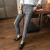 Men's Pants Korean Men's Dress Fashion Plaid Stripe Casual Slim Fit Office Pantalon Classic Retro Suit Pant Wedding299c