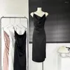 Casual Dresses Elegant Satin Rem Lång klänning för kvinnor Sommar Chic Solid Color Swing Collar Sleeveless BodyCon Party