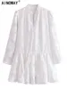 Casual Dresses Vintage Chic Fashion Women White Patch Beach Bohemian Mini Ladies Stand Collar Summer Boho Dress Vestidos