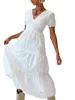 Casual Dresses Women S Summer Short Sleeve Dress Eyelet V-Neck Flowy Sundress A-Line Backless Tie Up