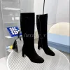 Nylon Designer Women Re Shoes Ankle Bootschunky Heels Suede High Barrel Shiny Leather Knee Boots Fashion Round Toe Booties 5