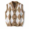 Men's Vests Plaid Sweater Vest Sleeveless V-Neck Button Cardigan Fashion Office Knitted Classic Fit Tank Tops