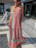 Casual Dresses 2023 Summer Women Long Dress Spaghetti Strap ärmlös kvinnlig mode tryckt V-ringad strandstil Vestidos