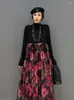 Casual Dresses Qing Mo 2023 Spring Autumn Round Neck Black Sweater Splice Floral Kjol Sticked Dress Women Streetwear ZXF888