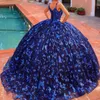 Bleu marine brillant Quinceanera robes robe de bal bretelles Spaghetti Appliques nœud perlé mexicain doux 16 robes 15 Anos