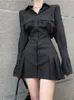 Casual Dresses HOUZHOU Black Shirt Dress Women's Elegant Vintage Long Sleeve Dress Sexy Gothic Pleated Street Clothing Lapel Casual Robe 230408