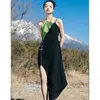 Casual Dresses Chinese Style Hanging Neck Strap Dress For Women Summer 2023 National Splice Sexy Mid Length Elegant Slim Long