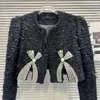 Ternos femininos outono inverno blazers de alta qualidade strass arco tweed solto preto curto terno jaqueta