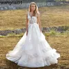 Party Dresses 2023 Modest Brush Train Wedding Dresses Brides Gown Tiered Appliques Backss Sposa Vestidos Bridal Party Suit Robe De Marie 0408H23