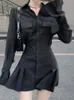 Casual Dresses HOUZHOU Black Shirt Dress Women's Elegant Vintage Long Sleeve Dress Sexy Gothic Pleated Street Clothing Lapel Casual Robe 230408