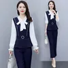 Kvinnors tvåbitar byxor 2 Set Womens Outfits 2023 Spring Office Lady Fashion Elegant Patchwork Bow V-Neck Slim Pants Kvinnliga kostym