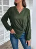 Mulheres camisetas Benuynffy Casual V Neck Botão Ribbed Knit Mulheres 2023 Outono Moda Manga Longa Nó Frente Assimétrica Hem Tops Tees