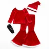 Ensembles de vêtements Girlymax 4 pièces filles vêtements de noël ensemble enfants à manches longues velours haut Flare pantalon chapeau noël Santa costume 231108