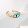 Anillos de banda Anillos de banda Newbuy Moda Esmalte Lucky Evil Eye Jewelry 2022 Moda Color Oro Cobre Anillo de dedo abierto para mujeres Dhgarden Dhunq