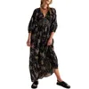 Robes décontractées femmes col en V robe à manches bouffantes style boho swing profond imprimé à plusieurs niveaux longue coupe ample tenue de vacances plissée