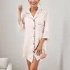 Women's Sleepwear Long Sleeve Button Down Nightgown V Neck Ribbed Knit Boyfriend Nightshirt Pajama Dress Womens Cute