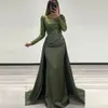 Vestidos de noche brillantes sexys de color verde oliva, mangas largas, elegante cordón de cuentas, vestido de fiesta de princesa plisado de satén, vestidos largos