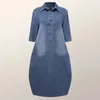 Casual klänningar tvättar denim vintage lång klänning tre fjärdedel ärm lös a-line kvinnor mode vriddown krage ficka