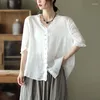 Women's Blouses Johnature Women Ramie shirts V-hals korte mouw Auricular Lace Blouse 2023 Zomerknop Loose Casual vaste kleur shirt