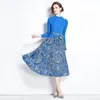 Casual Vacation Blue Midi Pleated Dress Woman Designer O-Neck Knitted Patchwork Print Slim Lace Up Bow Party Dresses 2023 Fall Winter Runway Long Sleeve Frocks