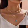 Pendant Necklaces Elegant Imitation Pearl Water Drop Semiprecious Stone Necklace Women Vintage Geometric Clavicle J Dh5E4