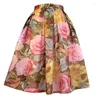 Skirts 2023 Summer Trendy Hepburn Vintage Aesthetic Social Elegant Woman Green Butterflies Tulips Print High Waist Long Pleated Skirt