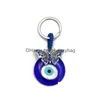 Nyckelringar Fashion Butterfy Turtle Owl Palm Evil Eyes Key Rings Keychain Metal Keyring Glass Lucky Blue Eye Pendant Ornament Keychains Dhudg