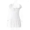 Vestidos de fiesta Mujeres Vestido corto con cordón fruncido Mujer Sexy Halter Plunge Mini Lady Summer Casual Manga Ruffle Sundress